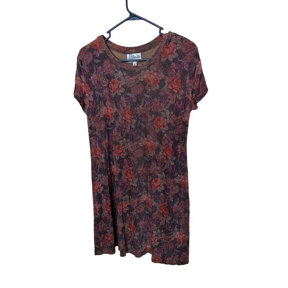 Citi Dress Vintage Brown Floral Glitter Rose Paisley Shift Mini Dress Womens 8